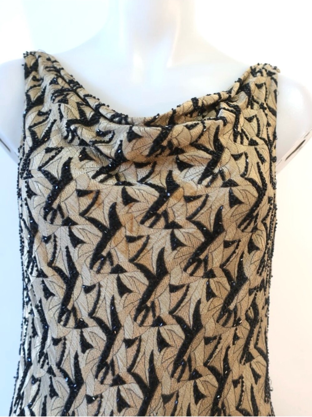 Carmen Marc Valvo Signature Beaded Cowl Neck Gown Taupe Tan Black Size 10 - Picture 4 of 10